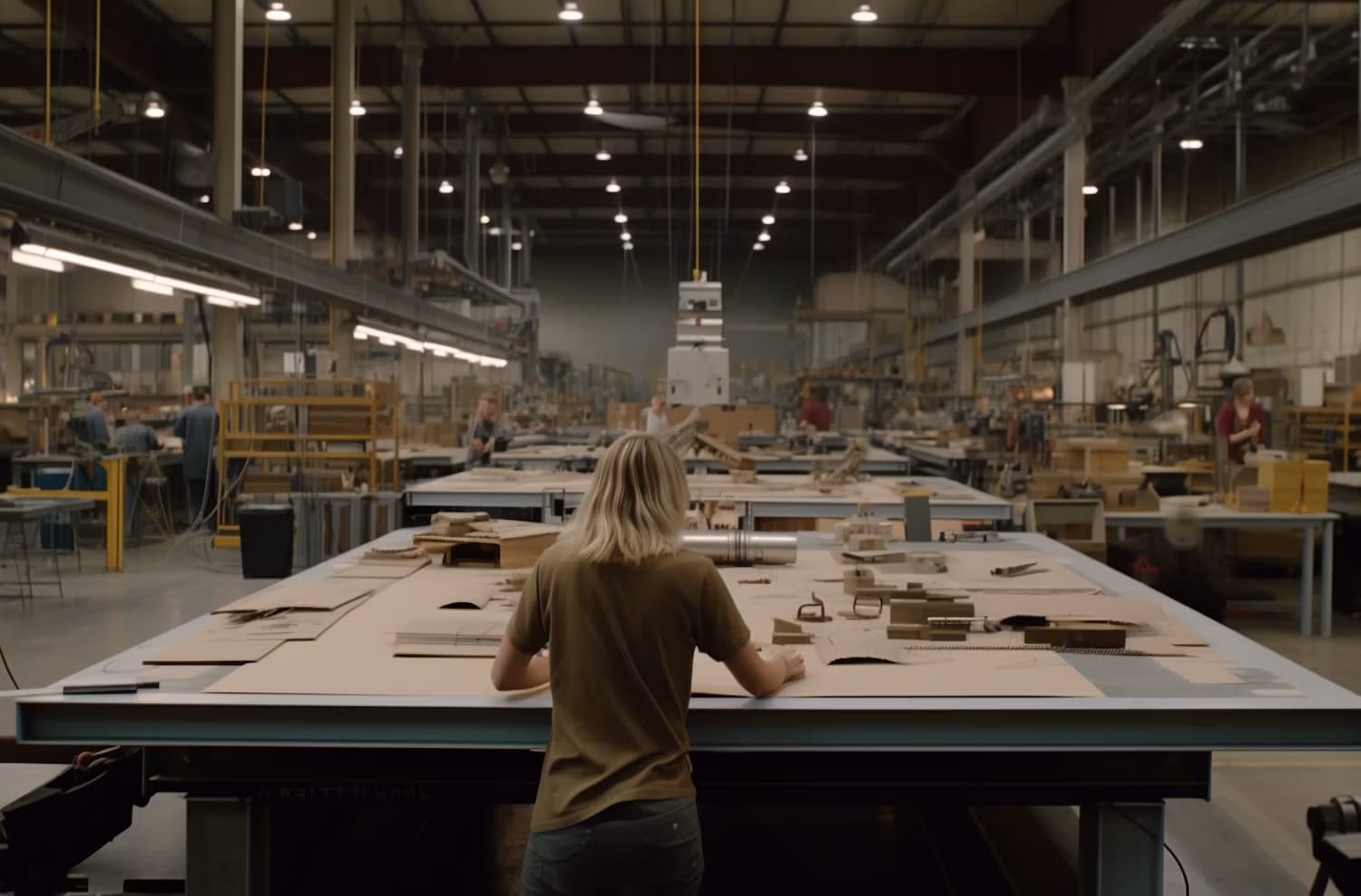 Vue d’ensemble d’un atelier de production, avec une salariée au premier plan