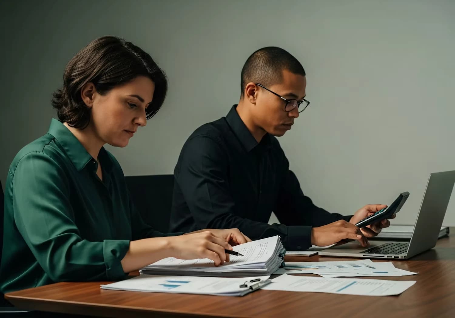 Deux collègues examinent des documents et des graphiques, l’un avec une calculatrice, l’autre avec un ordinateur portable