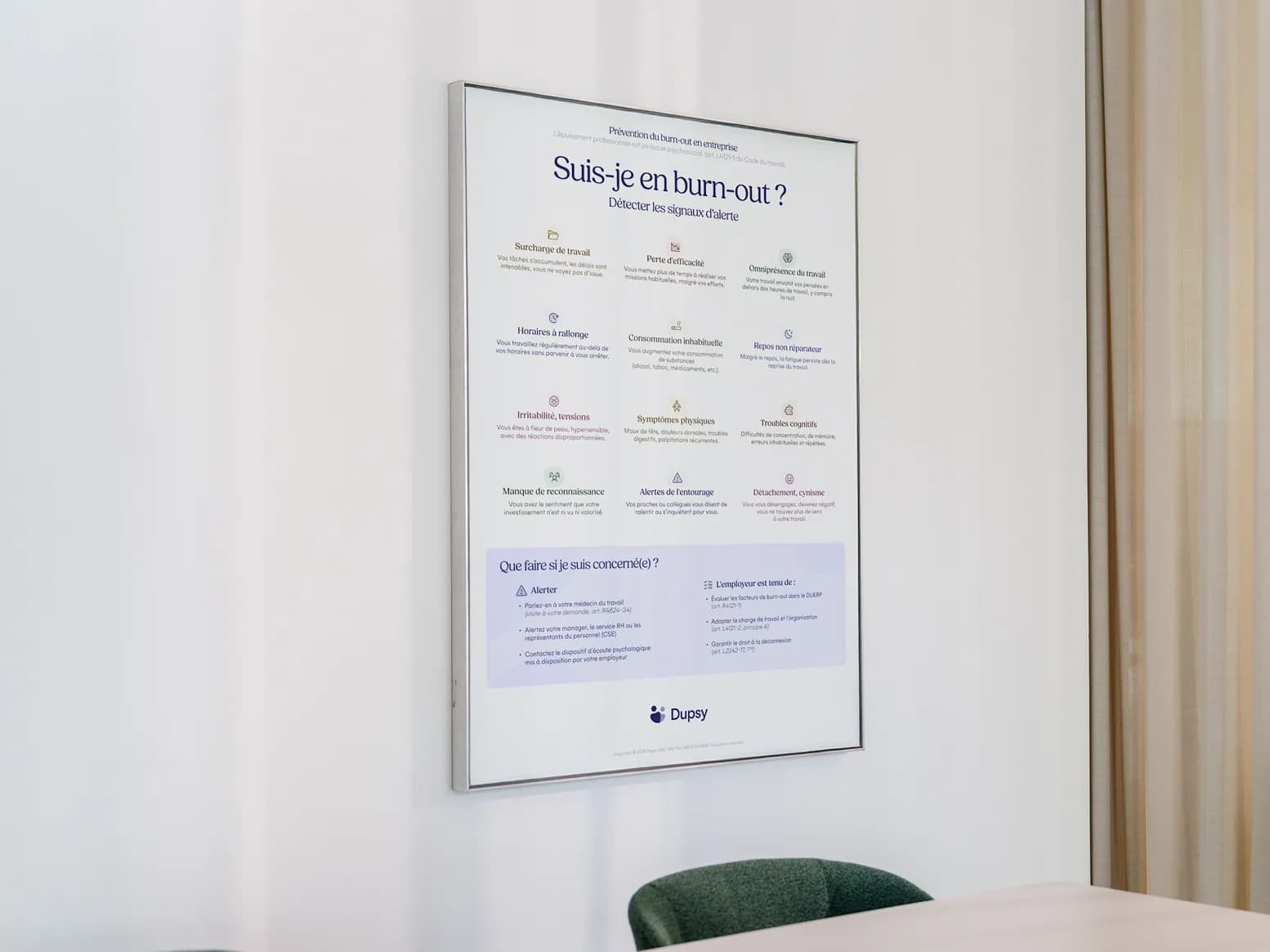 Affiche « Suis-je en burn-out ? » encadrée, accrochée dans une salle de réunion