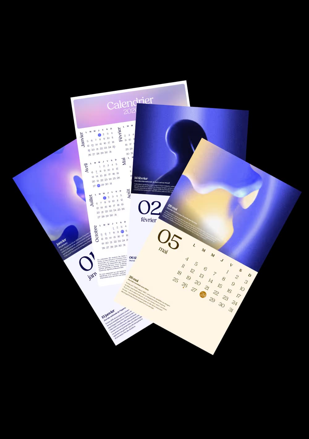 Pages du calendrier de la santé mentale au travail 2026, éventail de fiches mensuelles illustrées