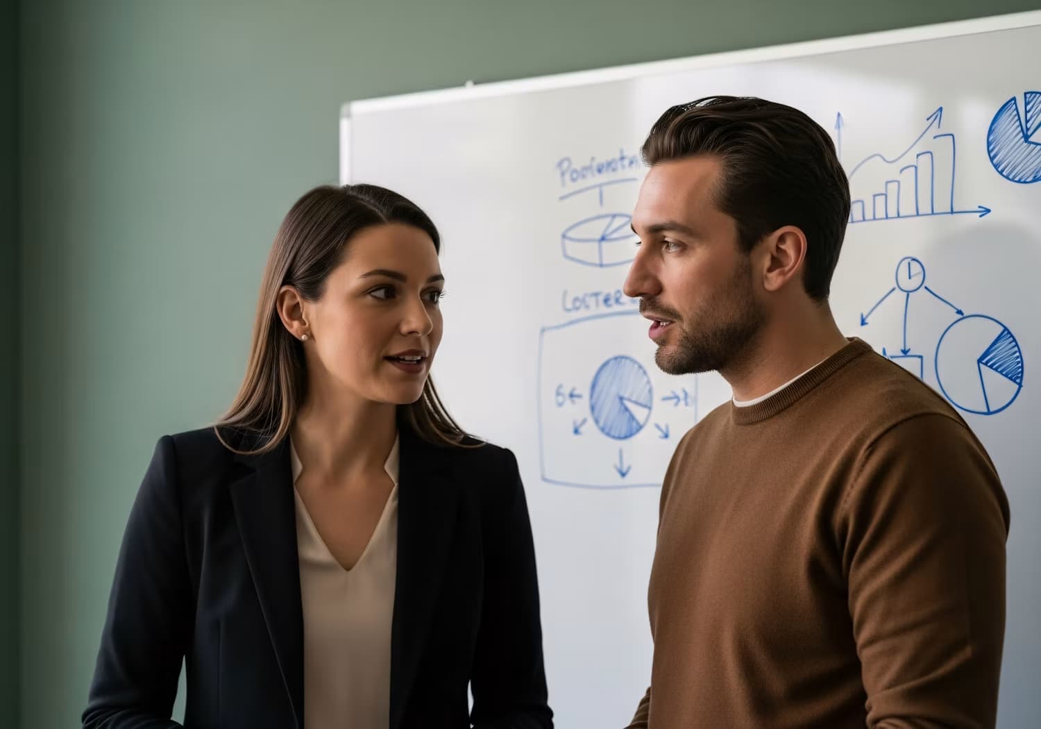 Deux collègues échangent devant un tableau blanc couvert de graphiques