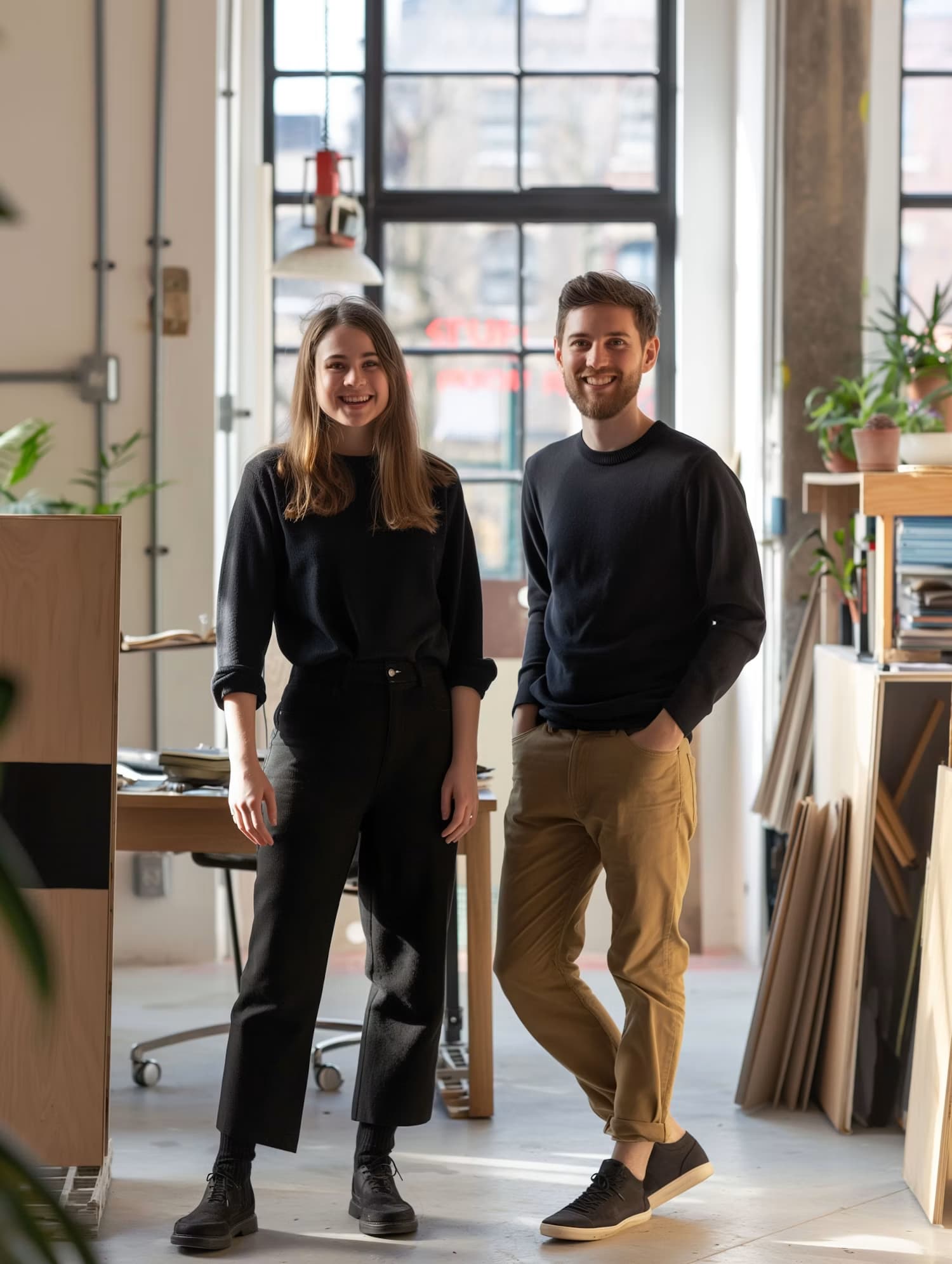 Deux collègues souriants posent dans un atelier lumineux