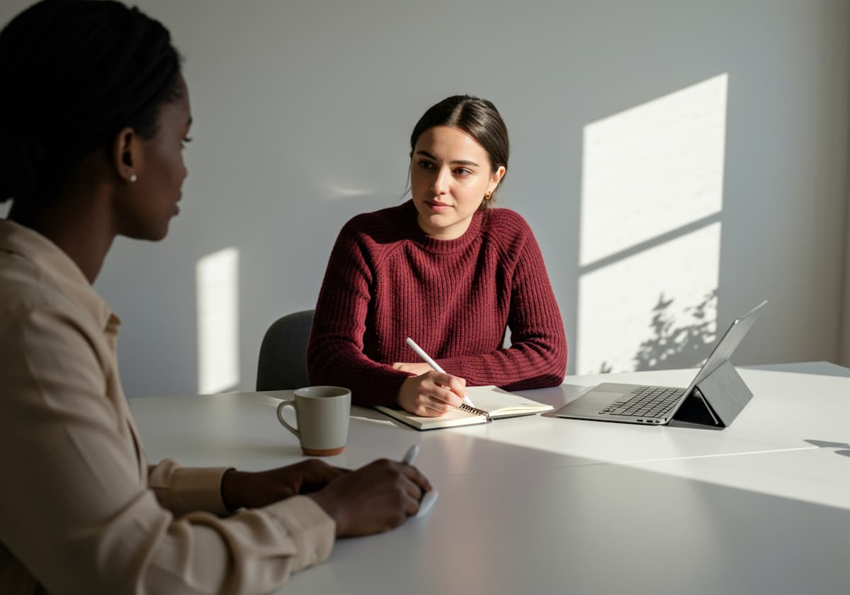 Une salariée s’exprime face à un interlocuteur qui prend des notes