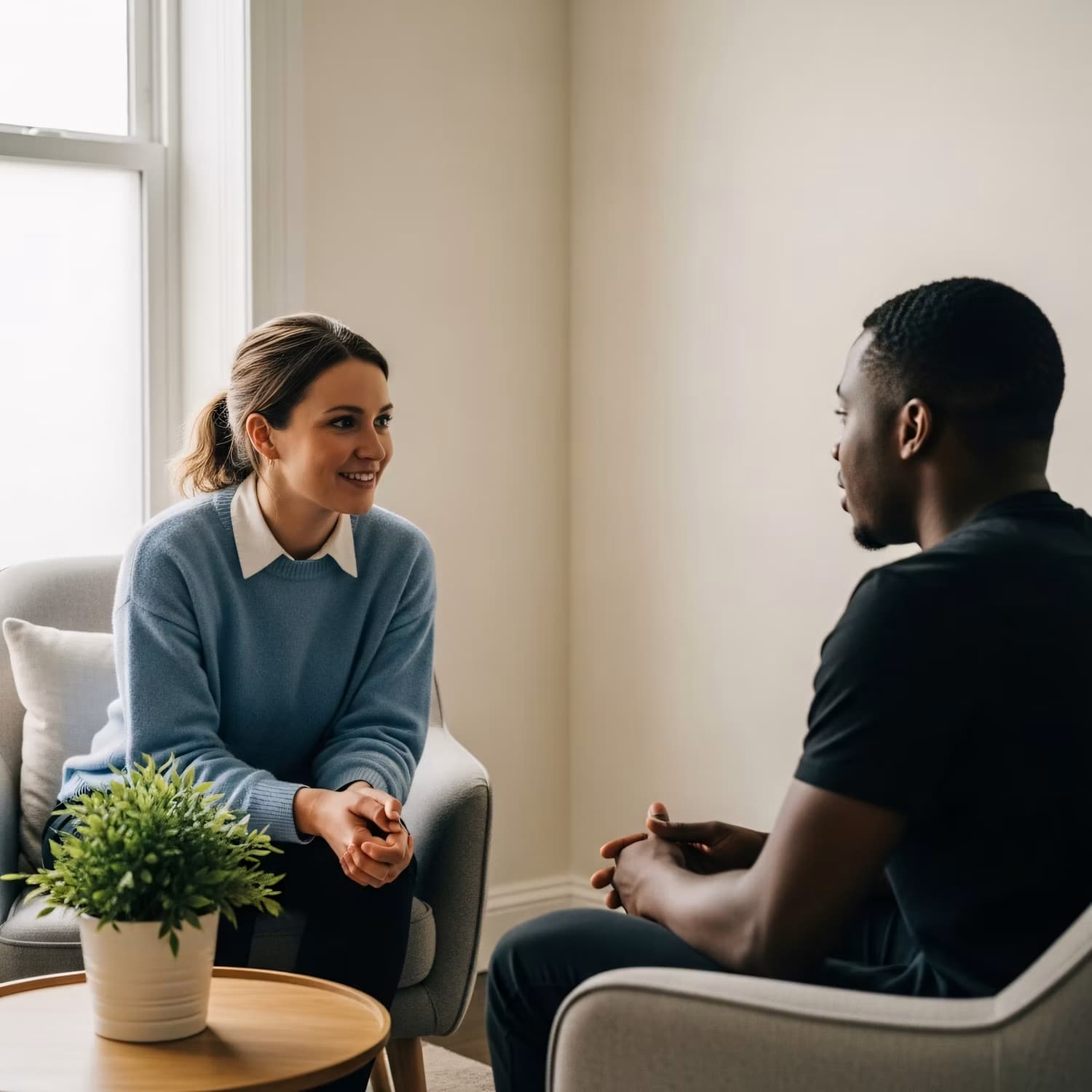 Un entretien en face à face, dans un salon lumineux