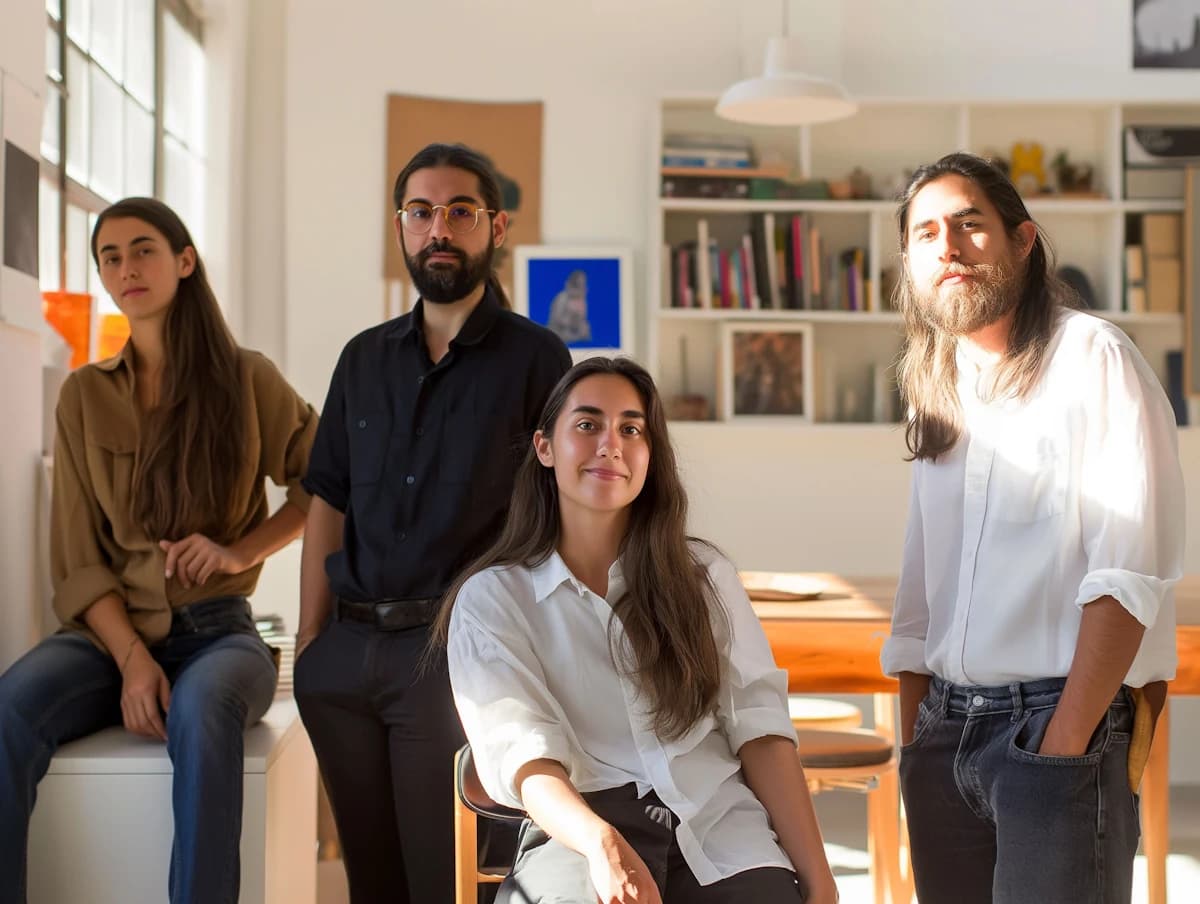 Une équipe de quatre collègues pose dans un espace de travail lumineux
