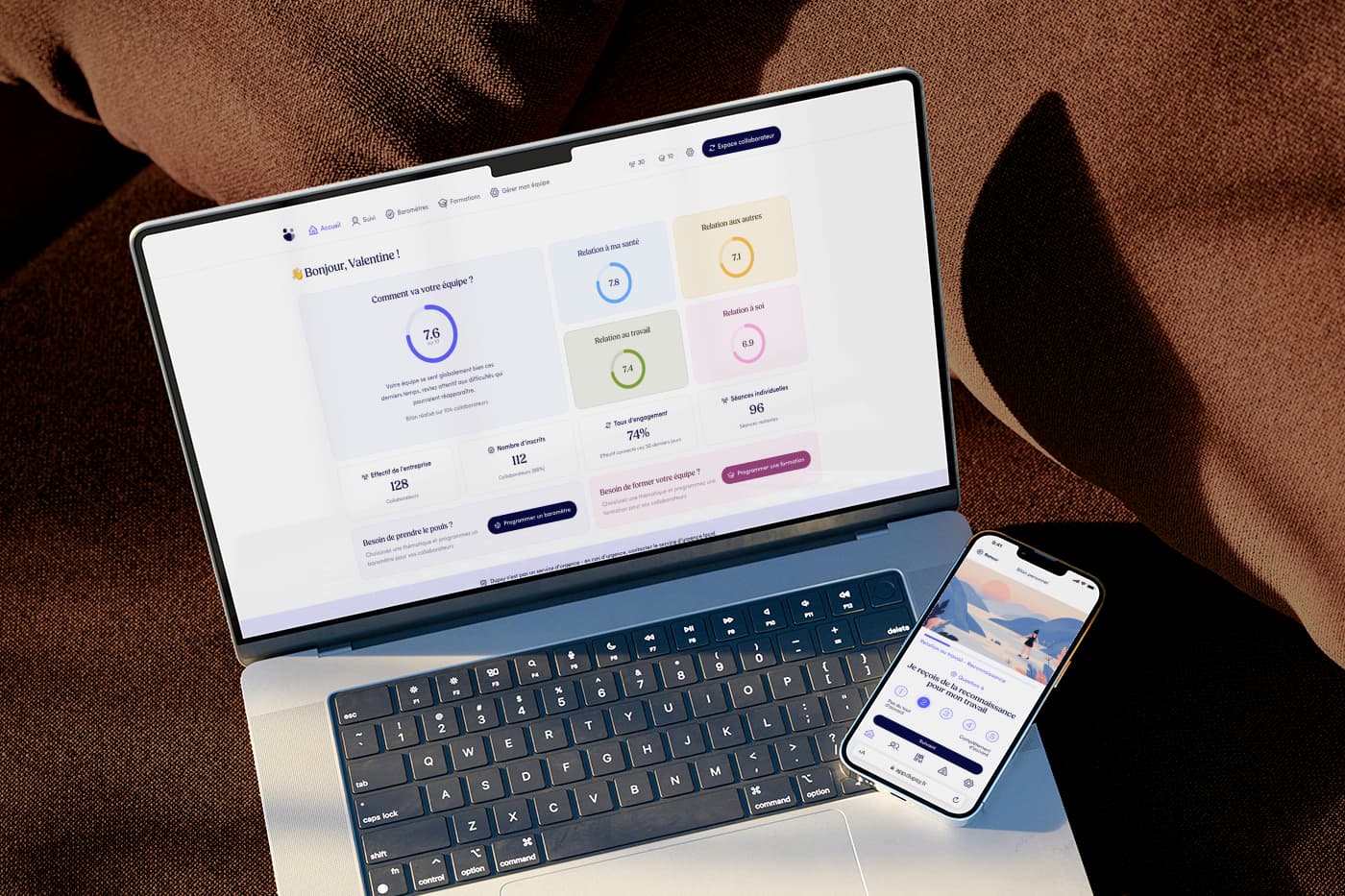 L’espace de pilotage manager sur ordinateur, avec le bilan personnel d’une collaboratrice sur mobile
