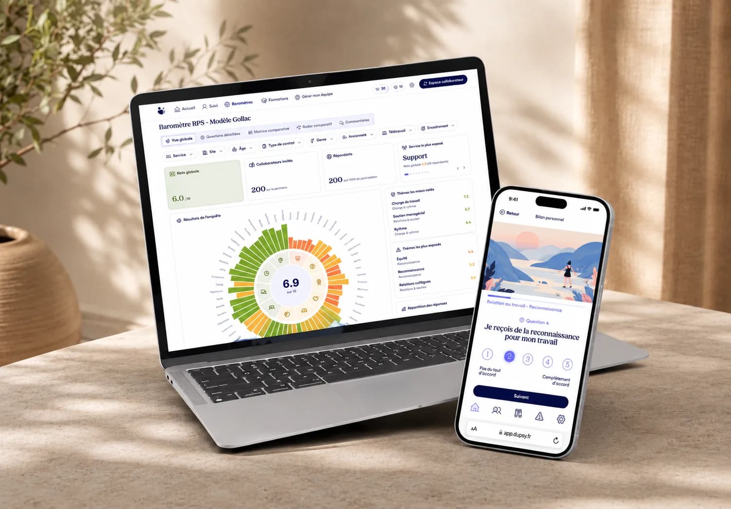 L’espace de pilotage sur ordinateur et l’espace care sur mobile