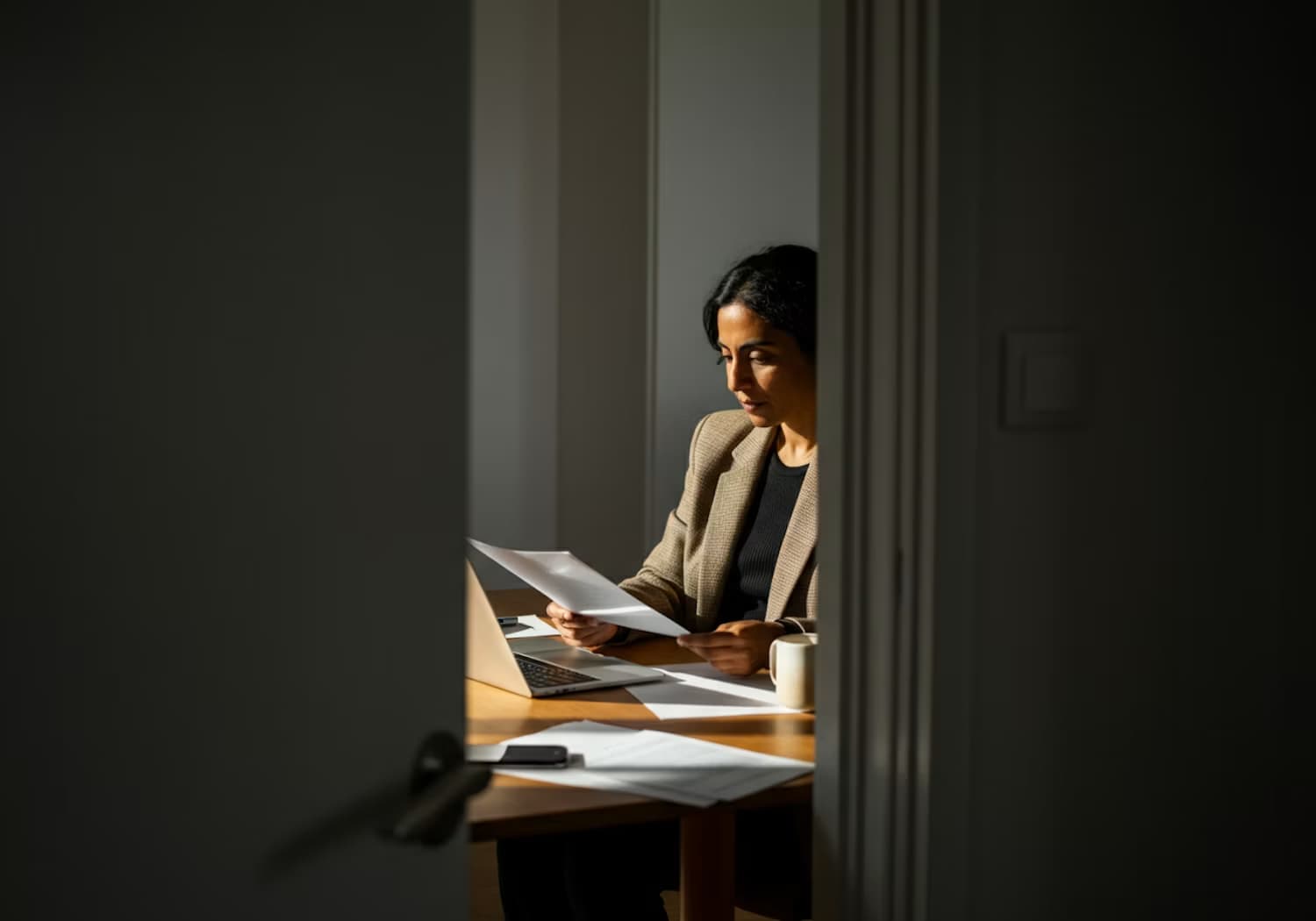 Une femme lit un document à son bureau, aperçue depuis une porte entrouverte