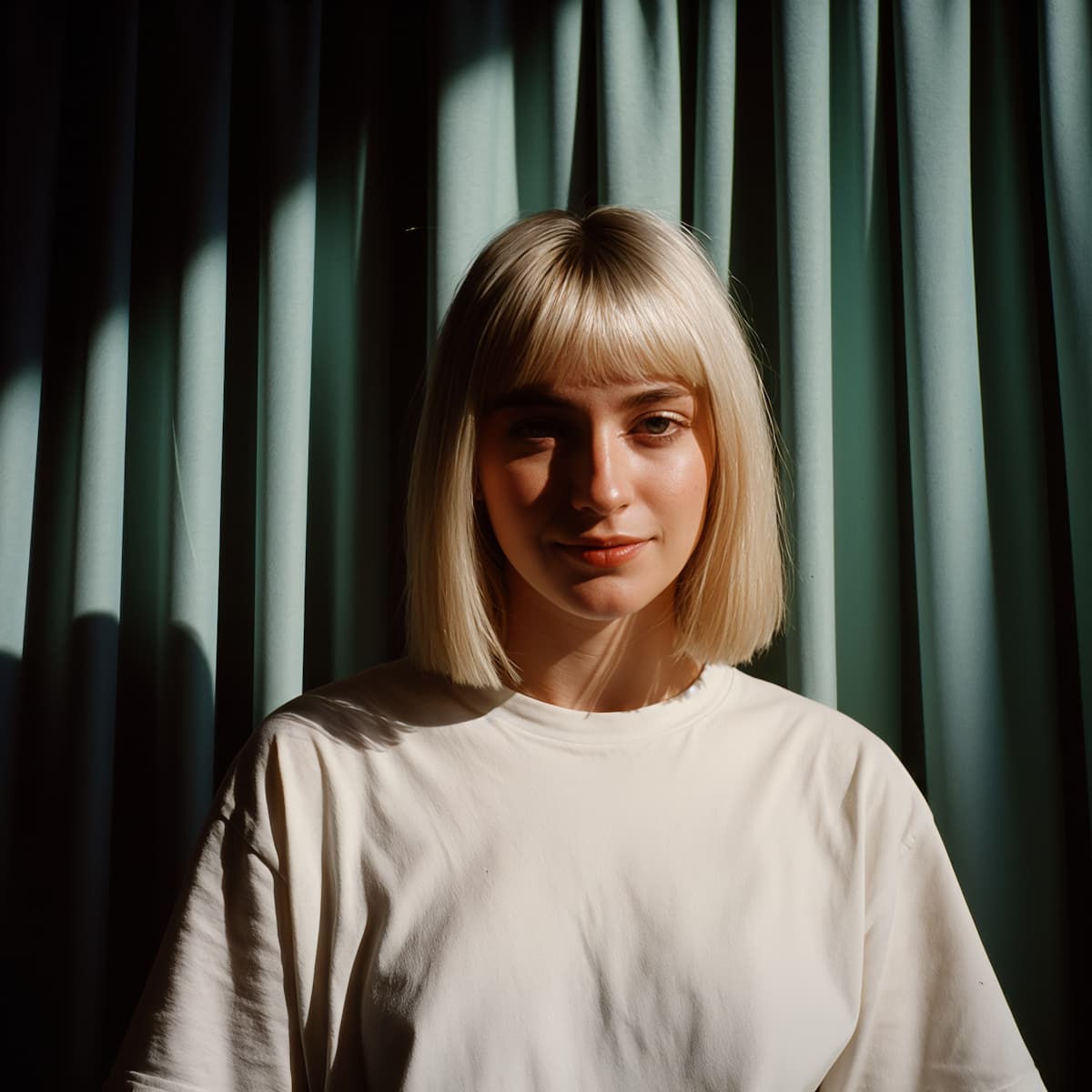 Portrait d’une femme au regard calme devant des rideaux verts