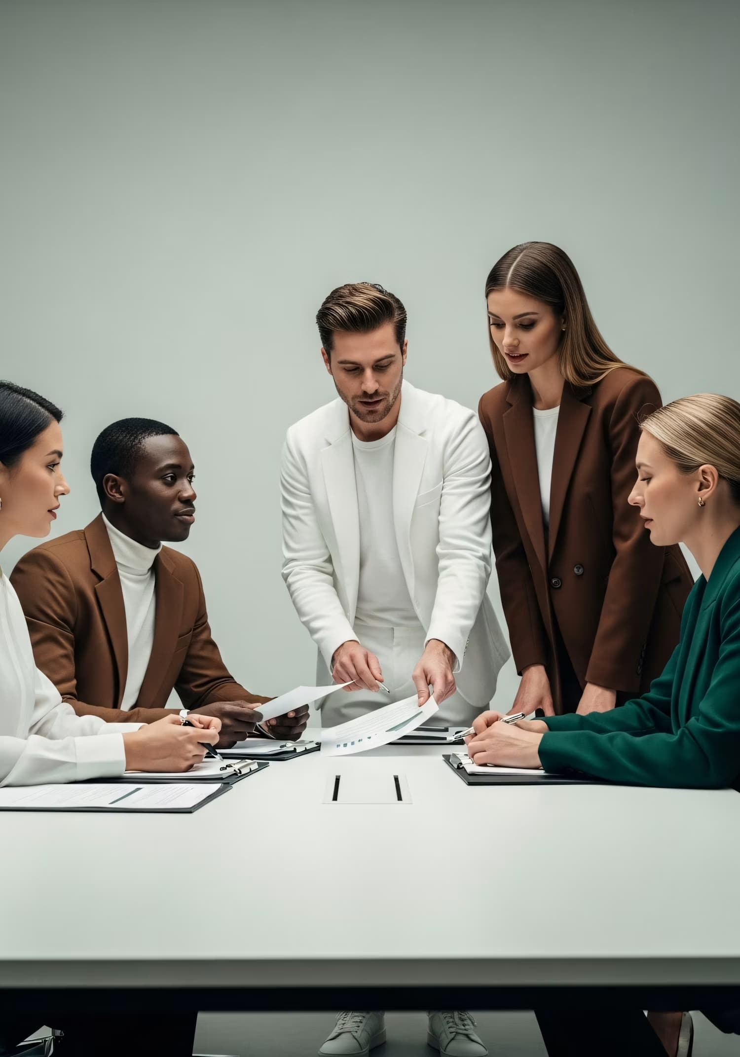 Un groupe de six collègues échange des documents autour d’une table, mur de brique en fond