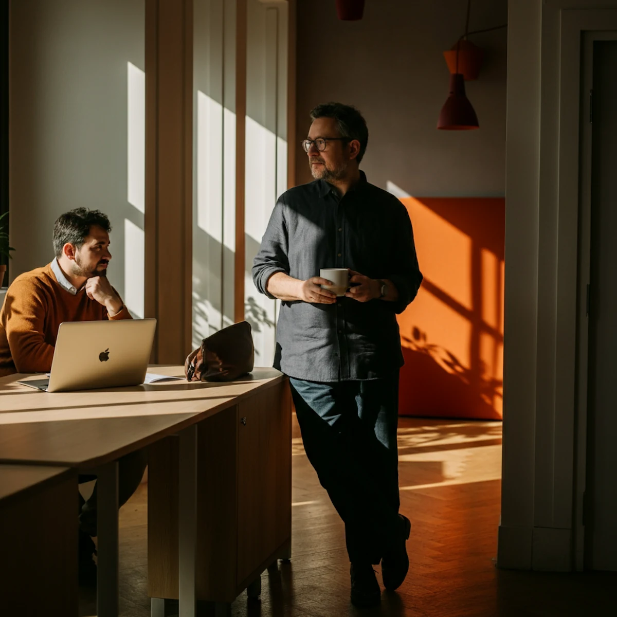 Un homme debout avec un café échange dans un bureau baigné de lumière, un collègue travaille sur son ordinateur