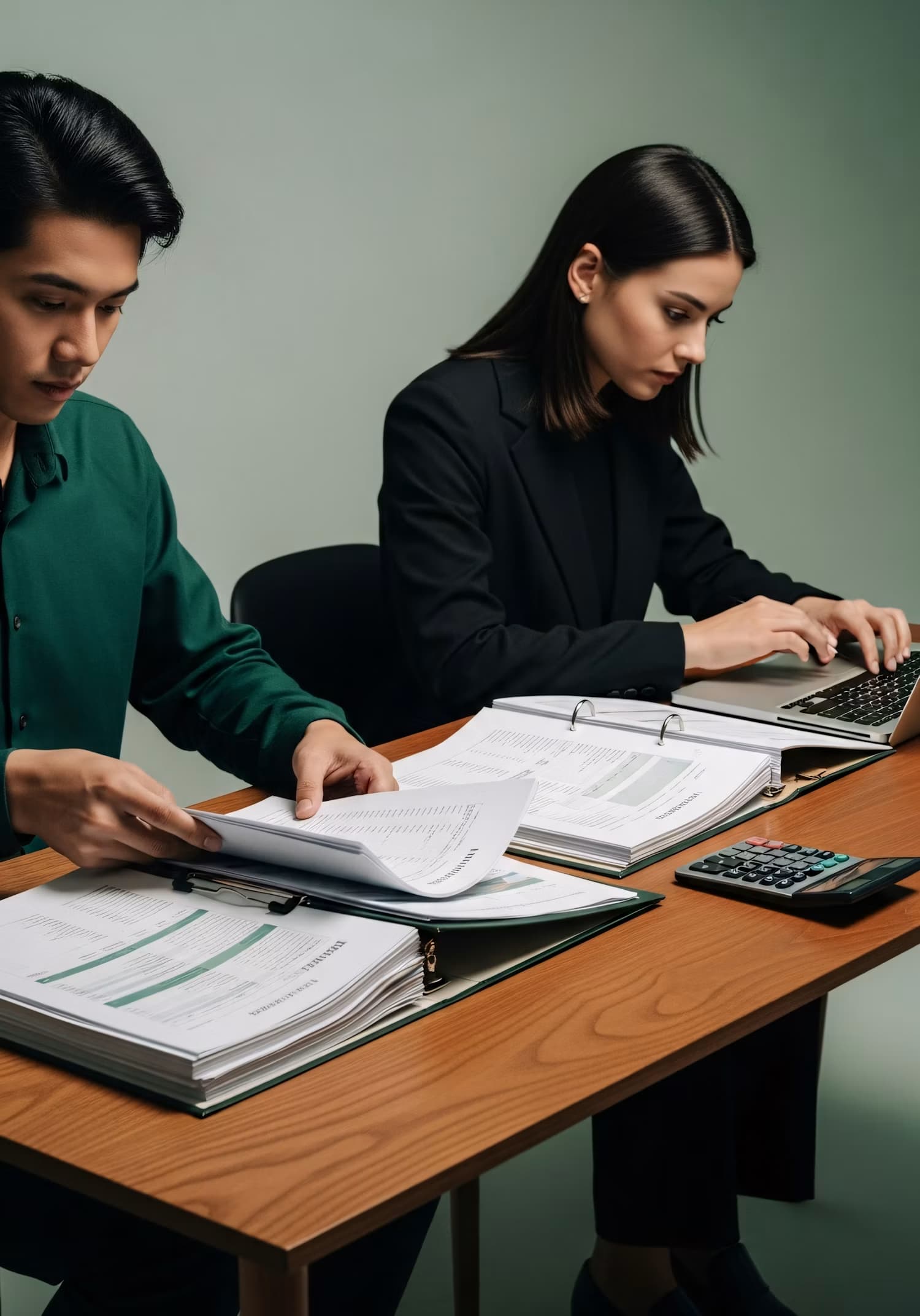 Deux collègues consultent des classeurs de documents, calculatrice et ordinateur portable à l’appui