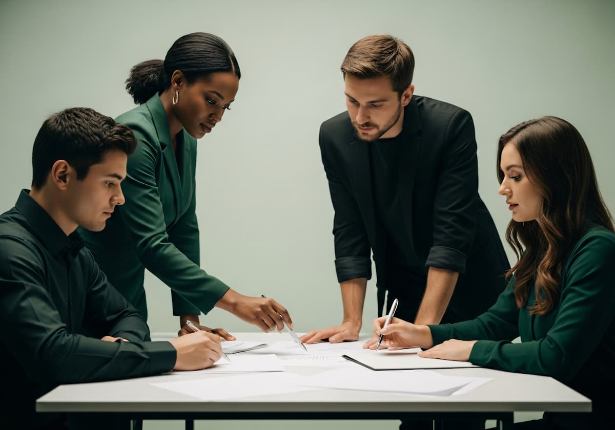 Quatre collègues échangent autour d’une table, documents en main