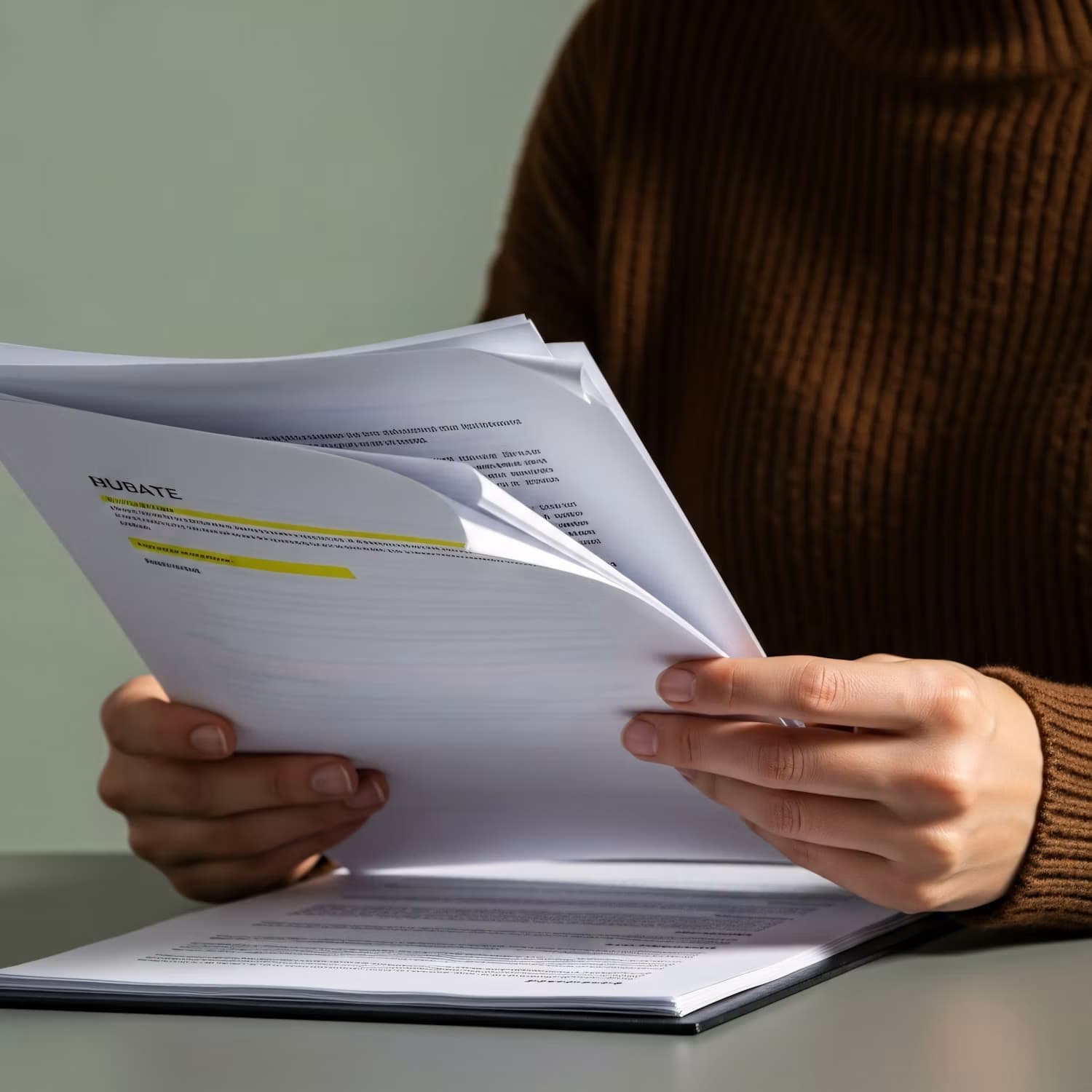 Des mains tournent les pages d’un rapport annoté de surlignages jaunes