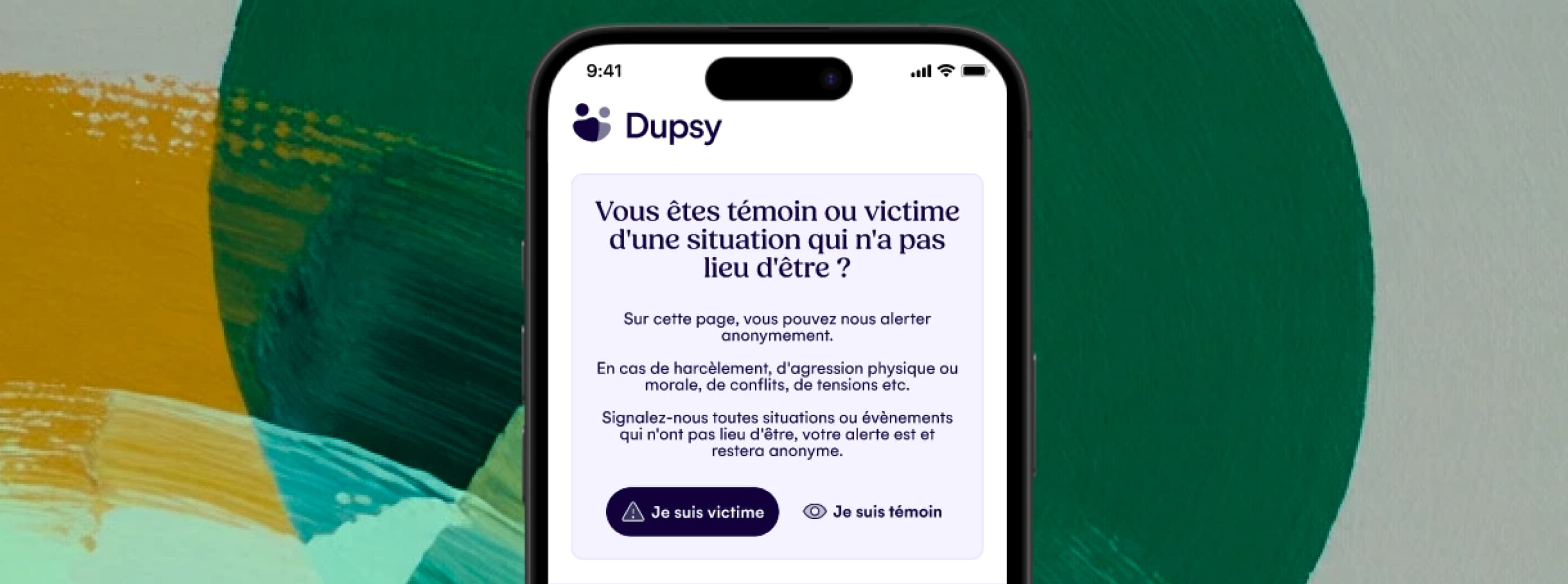 L’écran de signalement anonyme dans l’application mobile
