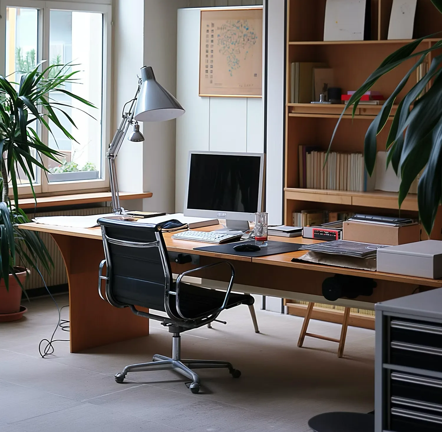 Un poste de travail inoccupé, avec un bureau, un fauteuil et un écran près d’une fenêtre