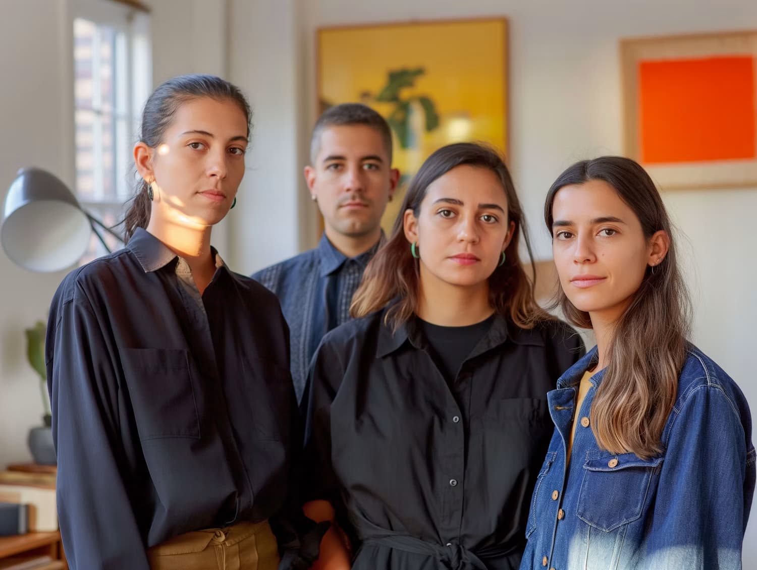 Quatre collègues posent ensemble dans un lieu de vie lumineux
