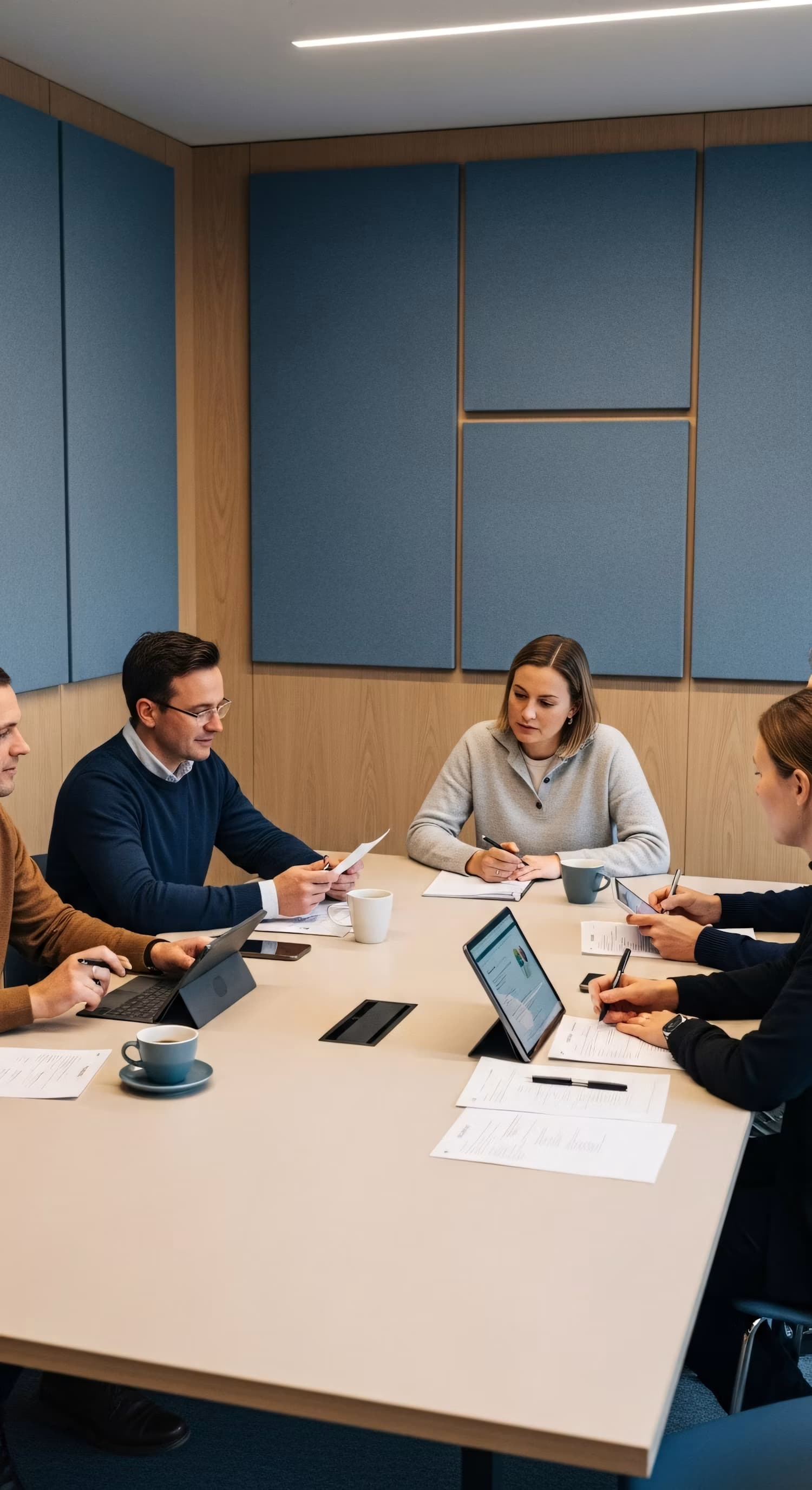 Quatre collègues en réunion dans une salle boisée, tablettes et documents sur la table