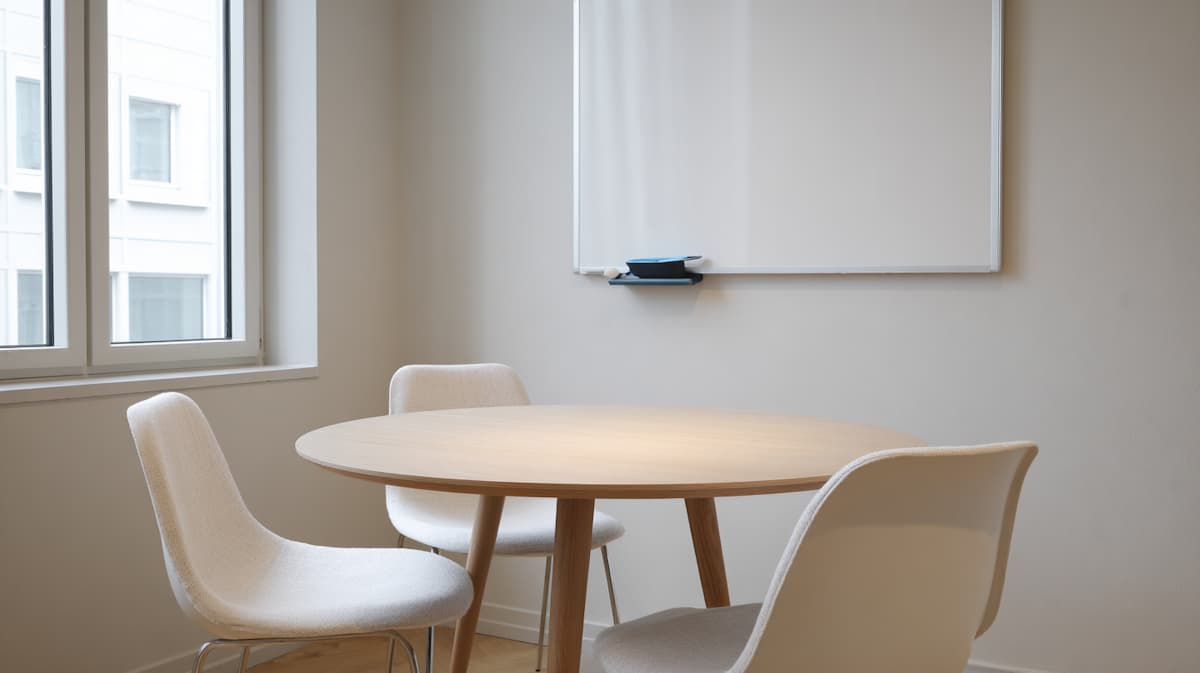 Une salle de réunion vide, table ronde et tableau blanc