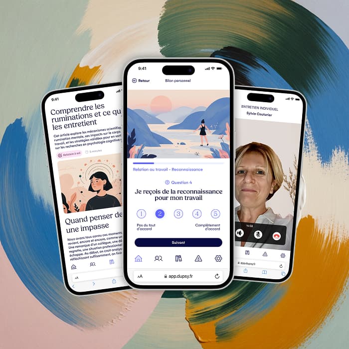 Trois écrans de smartphone présentent des contenus, un bilan personnel et un entretien individuel sur l’application Dupsy