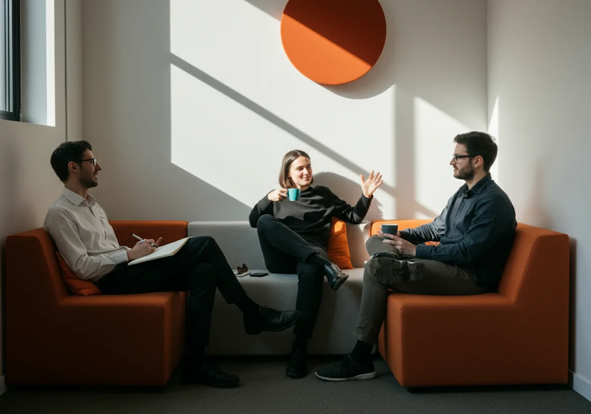 Trois personnes échangent, tasse à la main, installées dans des fauteuils orange